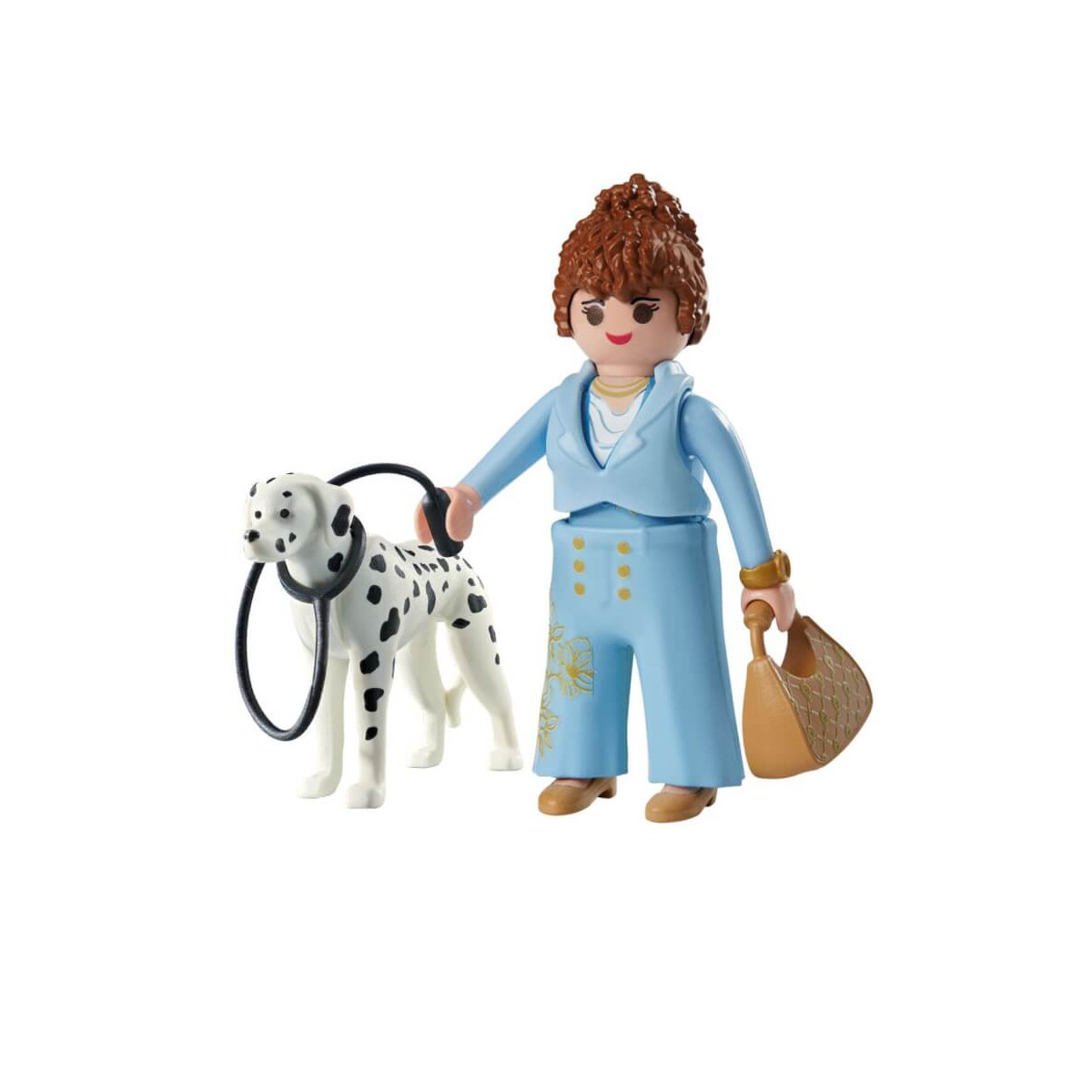 Playmobil-Figur im blauen Outfit mit Dalmatiner an der Leine und beigefarbener Handtasche.