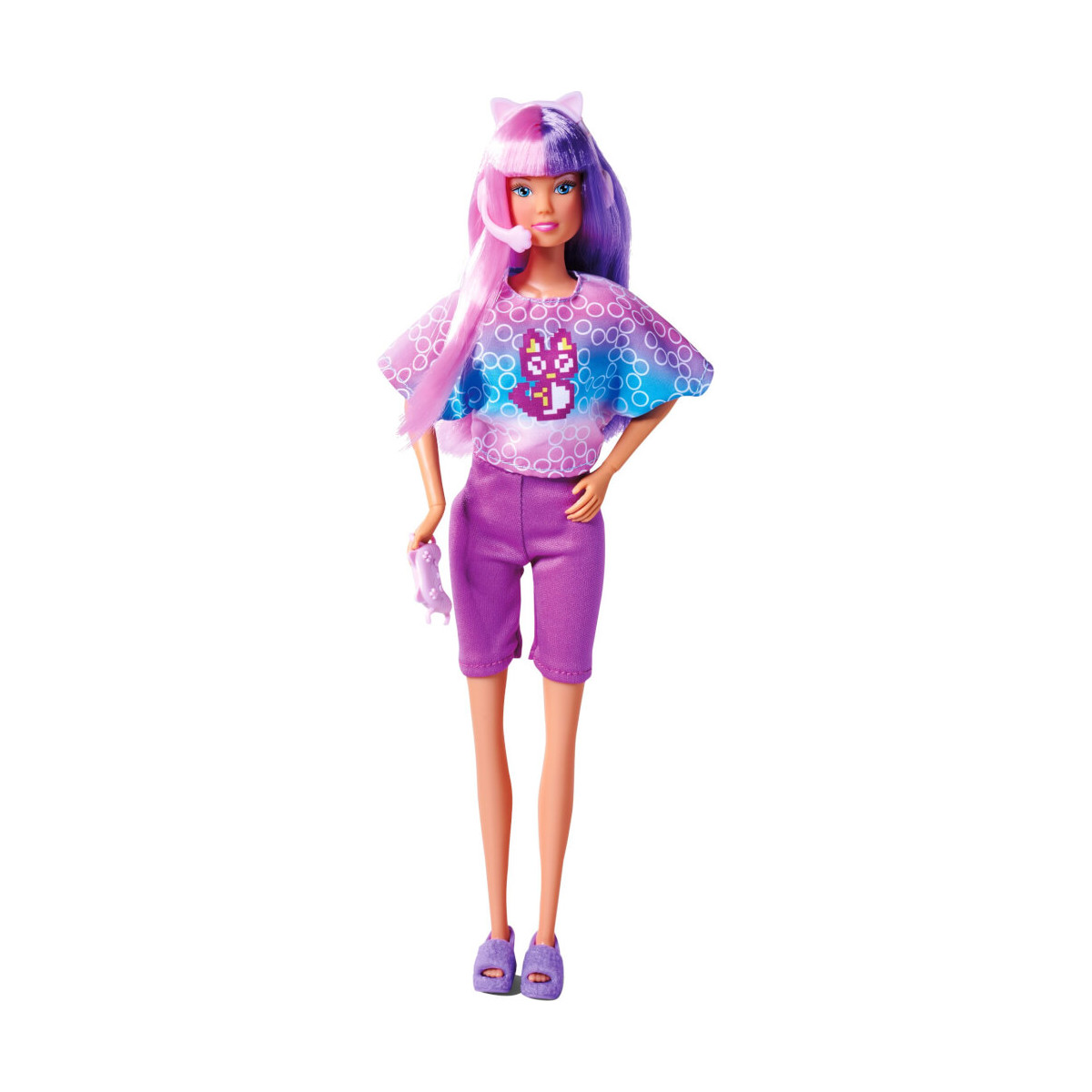 Barbie mit langen lila Haaren, lila Shorts, bedrucktem Top, lila Schuhen und kleinem Tier in der Hand.