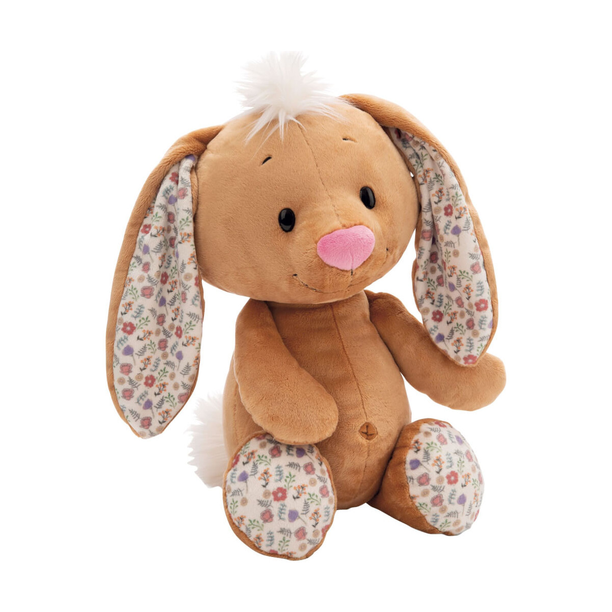 Braunes Plüschkaninchen mit gemusterten Ohren, rosa Nase und weißem Schwanz sitzt aufrecht.