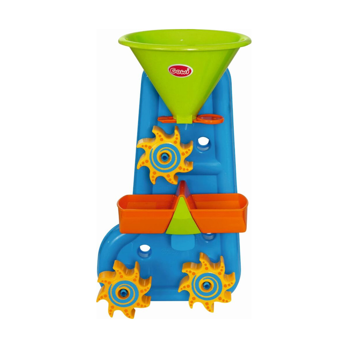Bunte Sand- und Wassermühle aus Kunststoff mit Zahnrädern und Trichtern in Blau, Grün, Orange und Gelb.