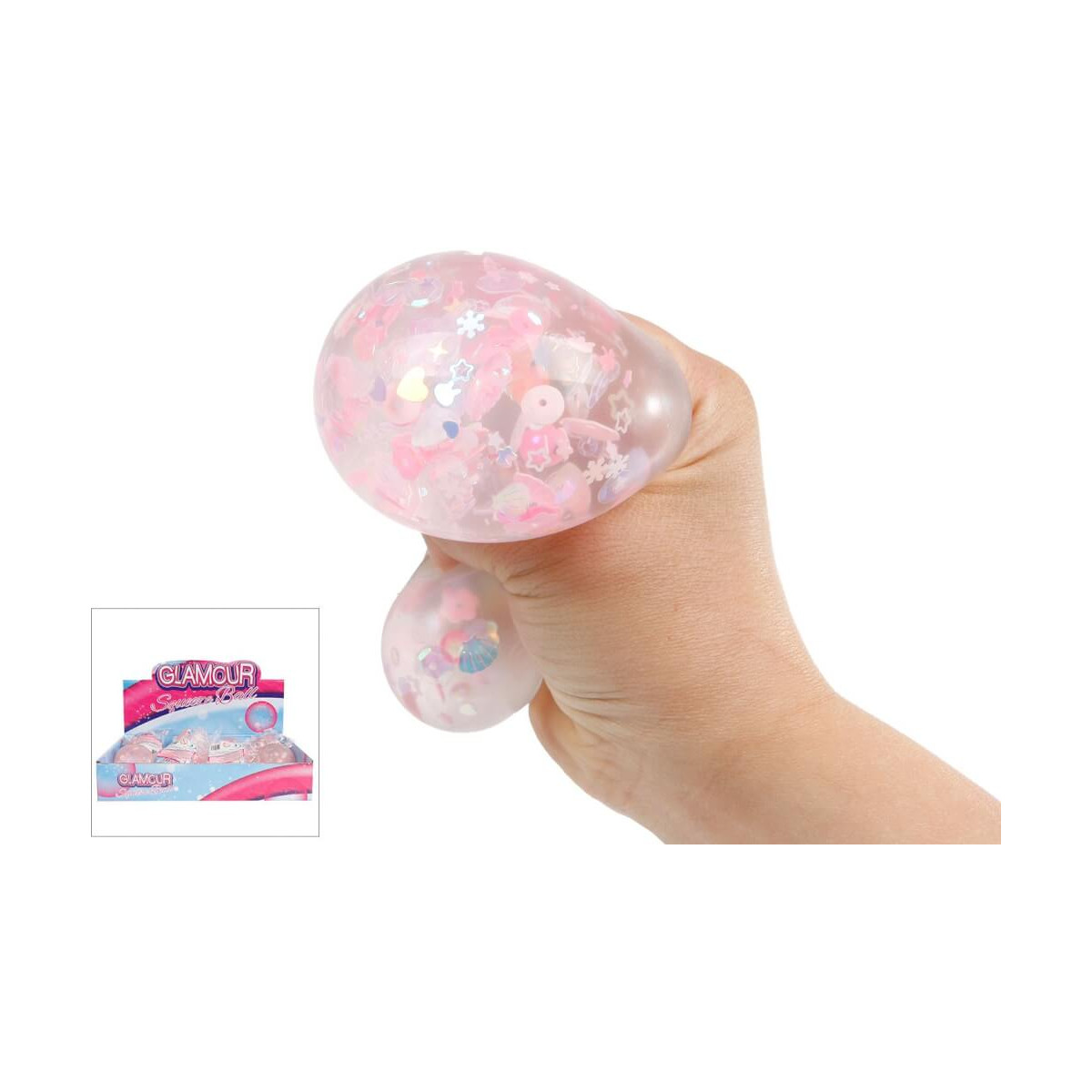 Eine Hand drückt einen durchsichtigen Stressball mit rosa, weißen und blauen Perlen sowie Glitzer zusammen.