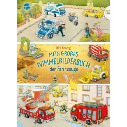 Buntes deutsches Kinderbuchcover mit verschiedenen Fahrzeugen wie Polizei-, Feuerwehrautos, Taxis und Arbeitern.
