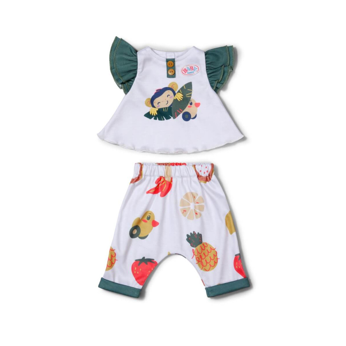 Weißes Baby-Outfit mit grünen Ärmeln, Affenprint-Oberteil und Hose mit Fruchtmuster.