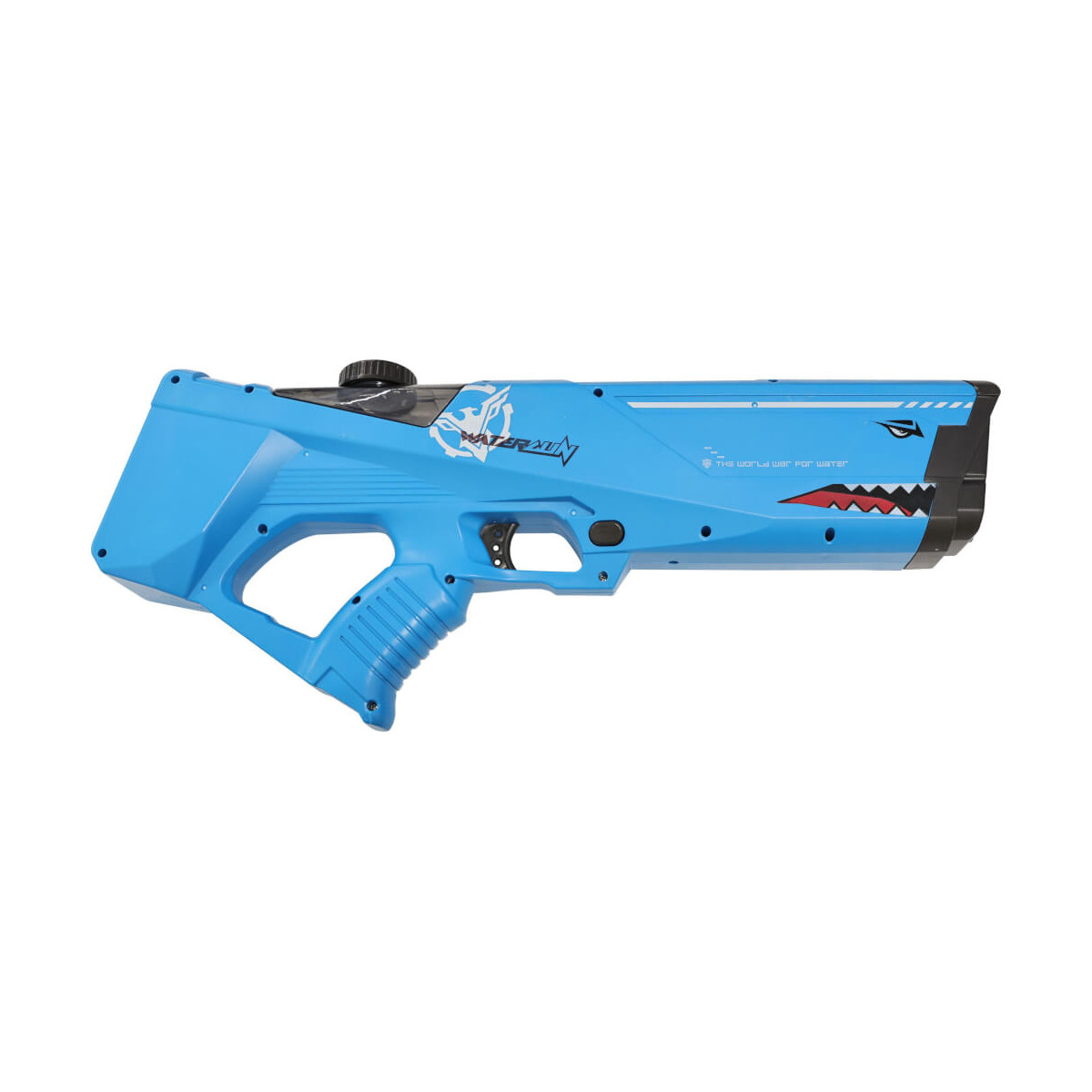 Wasserpistole im Blauhai-Design mit schwarzer Düse und Griff.