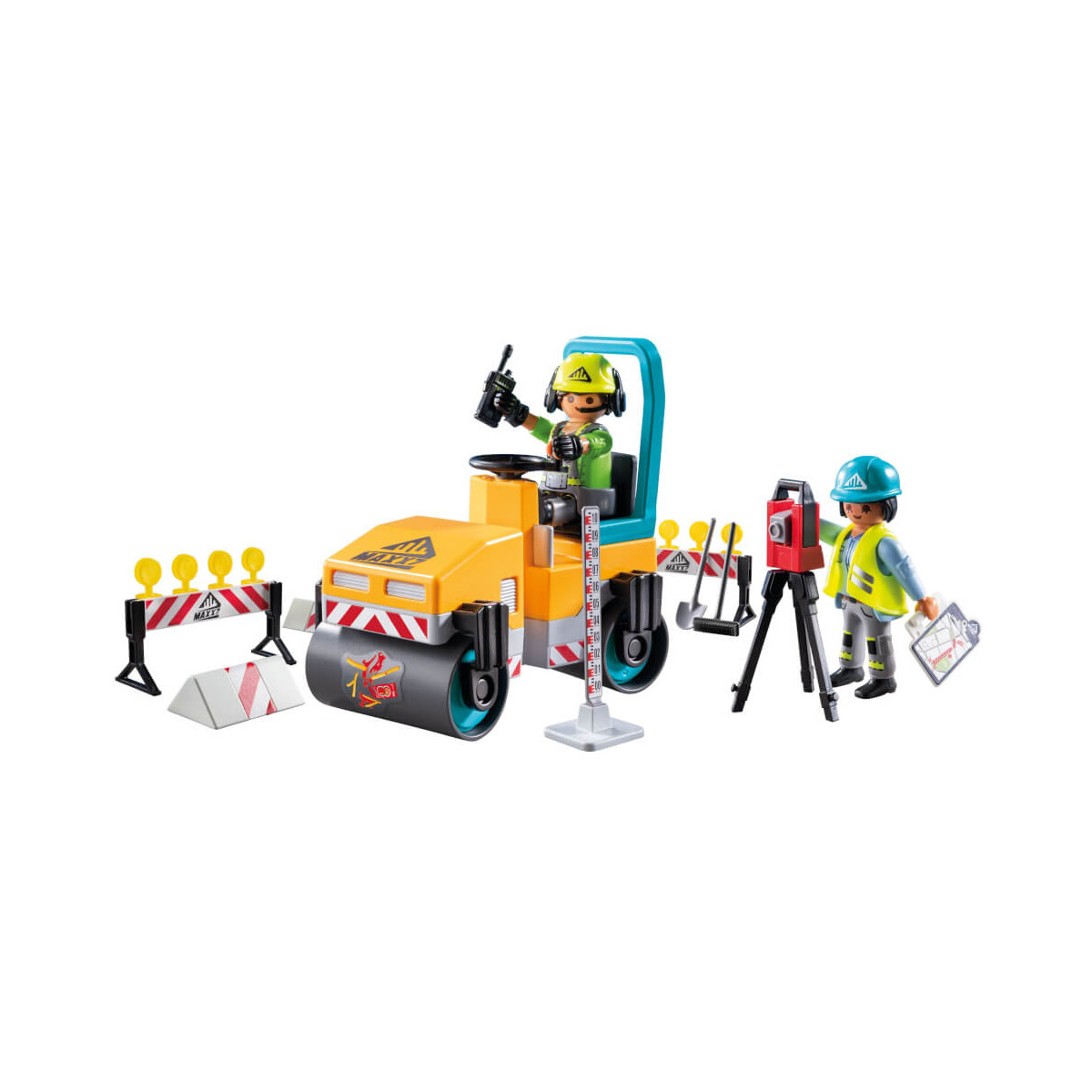 Bauset mit Dampfwalze, zwei Arbeiterfiguren, Absperrungen und Vermessungszubehör.