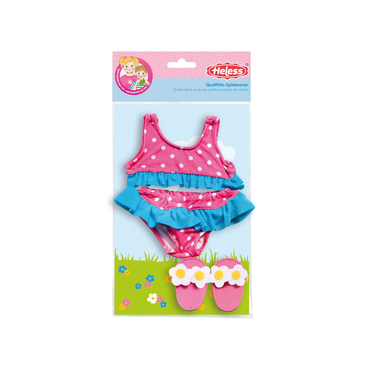 Pinkes Pünktchen-Badeanzug-Set mit blauen Rüschen und passenden Blumensandalen im Heless-Paket.