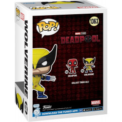 Funko Pop Wolverine in gelbem-blauem Anzug mit schwarzer Maske und ausgefahrenen Metallkrallen.