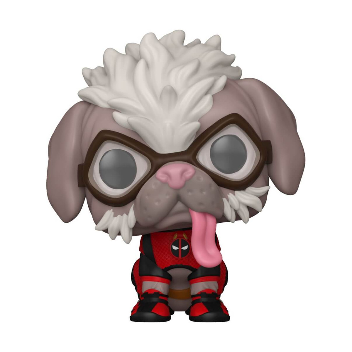 Funko Pop! Vinylfigur eines Hundes mit Brille im roten Deadpool-Kostüm, sitzend und nach vorne blickend.