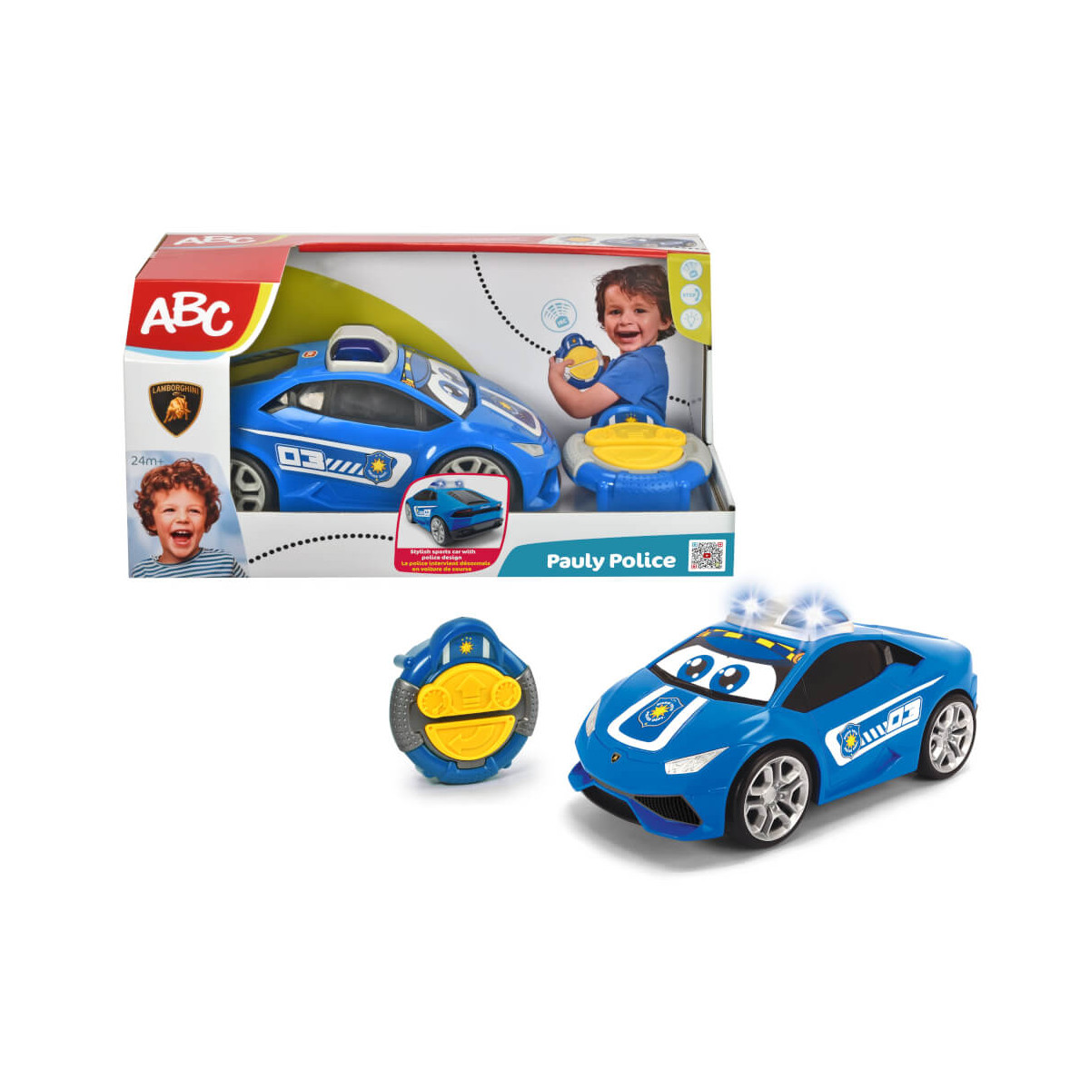 Blaues Spielzeug-Polizeiauto mit gelber Fernbedienung; Verpackung zeigt spielendes, glückliches Kind.