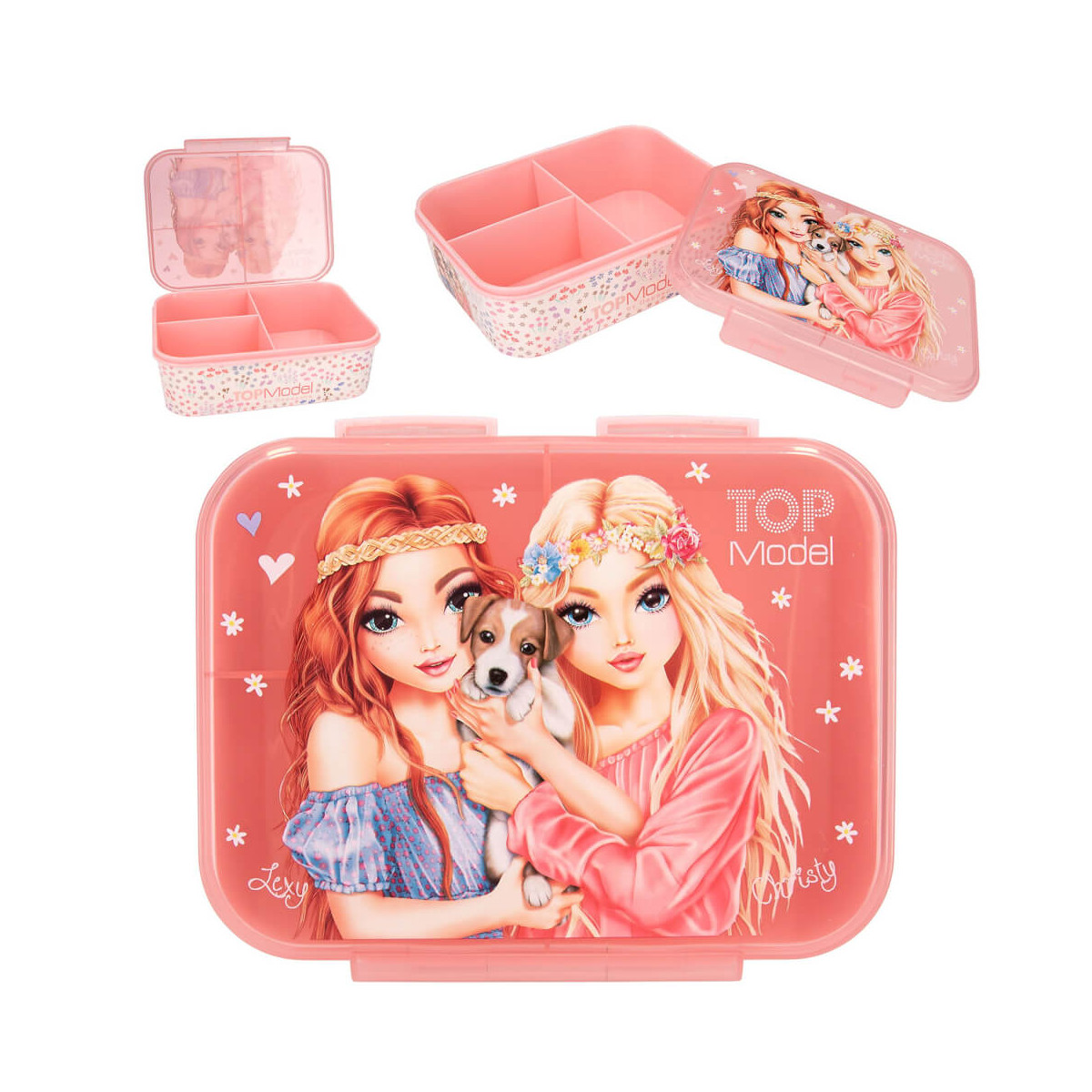 Pinkfarbene Lunchbox mit TOP Model-Aufdruck, zwei Mädchen, Hund und unterteilten Fächern.