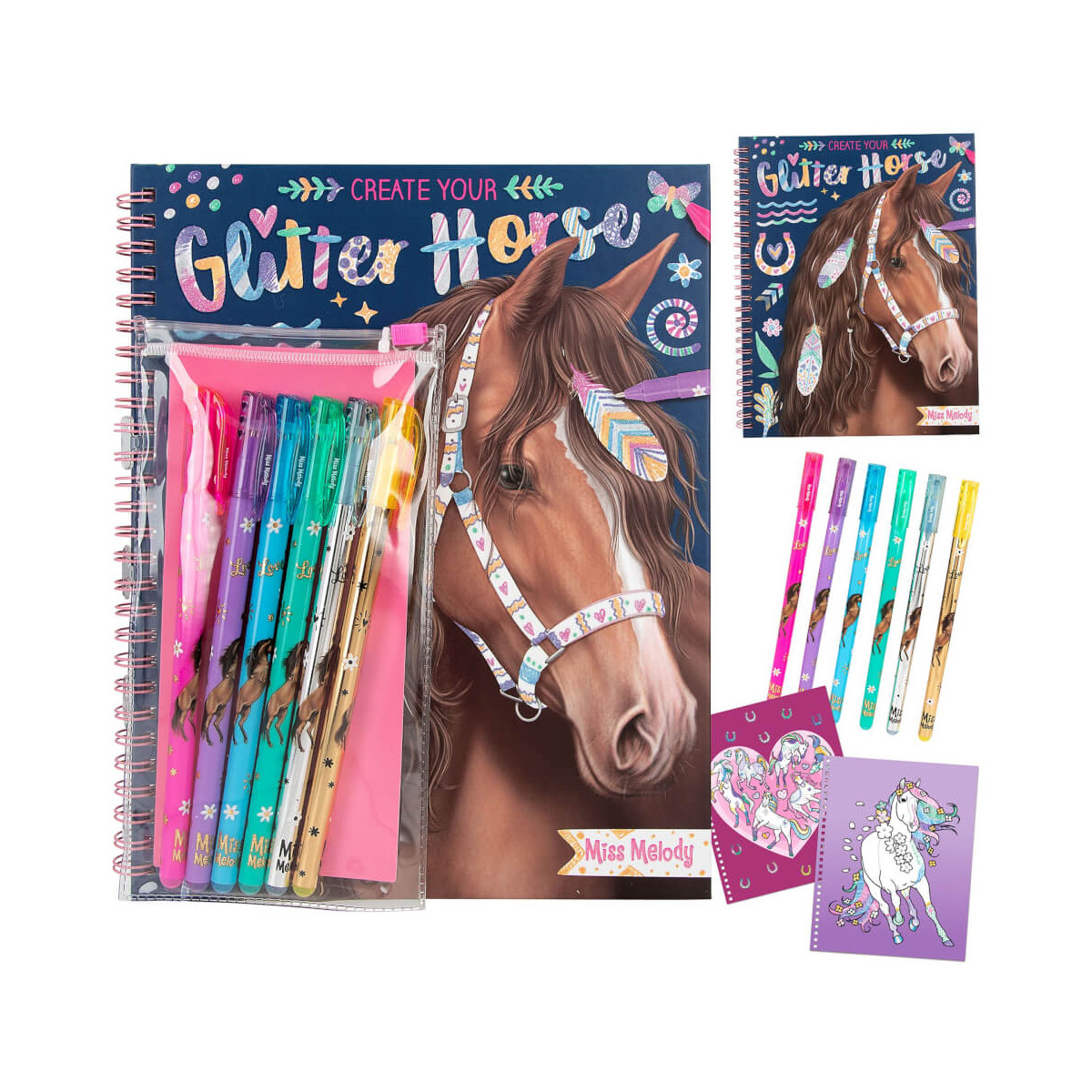 Glitzerndes Pferde-Kunstset mit Stiften, Aufklebern und Spiralblock mit verziertem braunen Pferd.