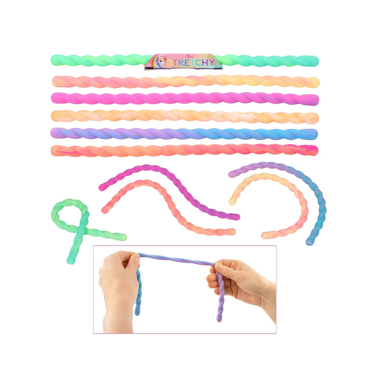 Bunte, abnehmbare Fidget-Toys in verschiedenen Farben; unten Hände, die ein lilafarbenes Spielzeug ziehen.