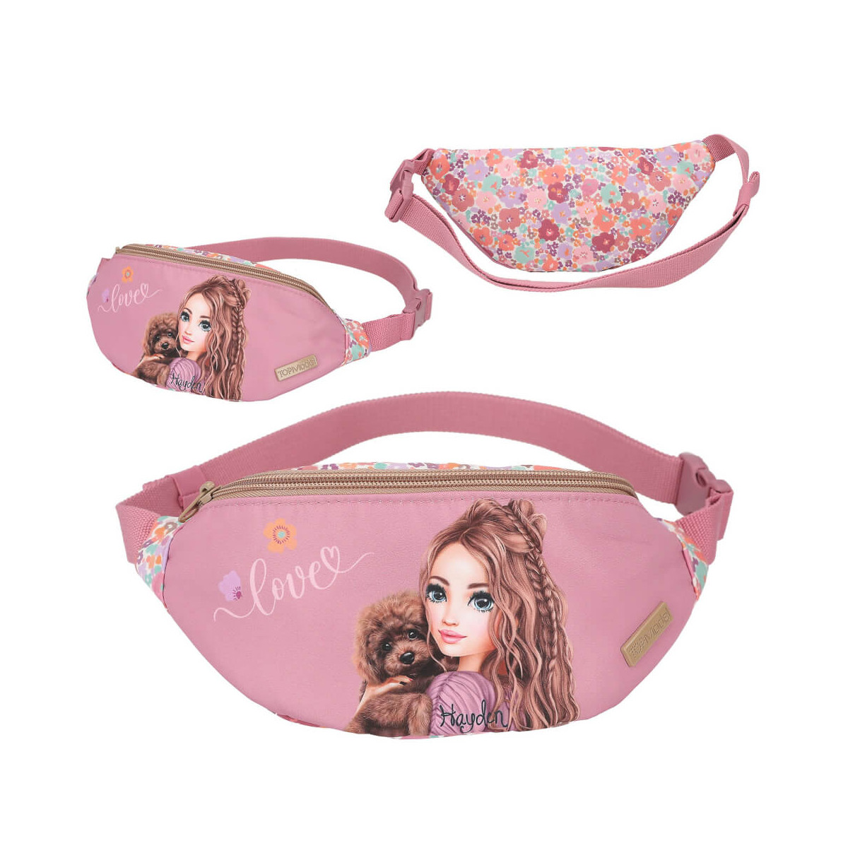 Rosa Gürteltasche mit Blumen, Mädchen mit braunem Hund und dem Schriftzug „Love“.