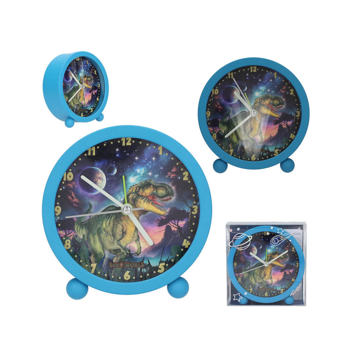 Blaue Weckuhr mit Dinosauriern und Weltraummotiv auf dem Zifferblatt, aus verschiedenen Blickwinkeln gezeigt.