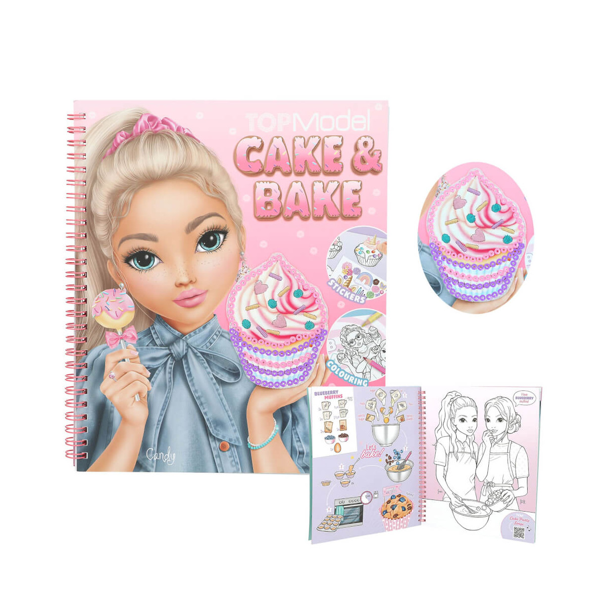 Spiralgebundenes TopModel Cake & Bake Buch mit Umschlagmotiv eines Mädchens mit Cupcake und illustrierten Innenseiten.