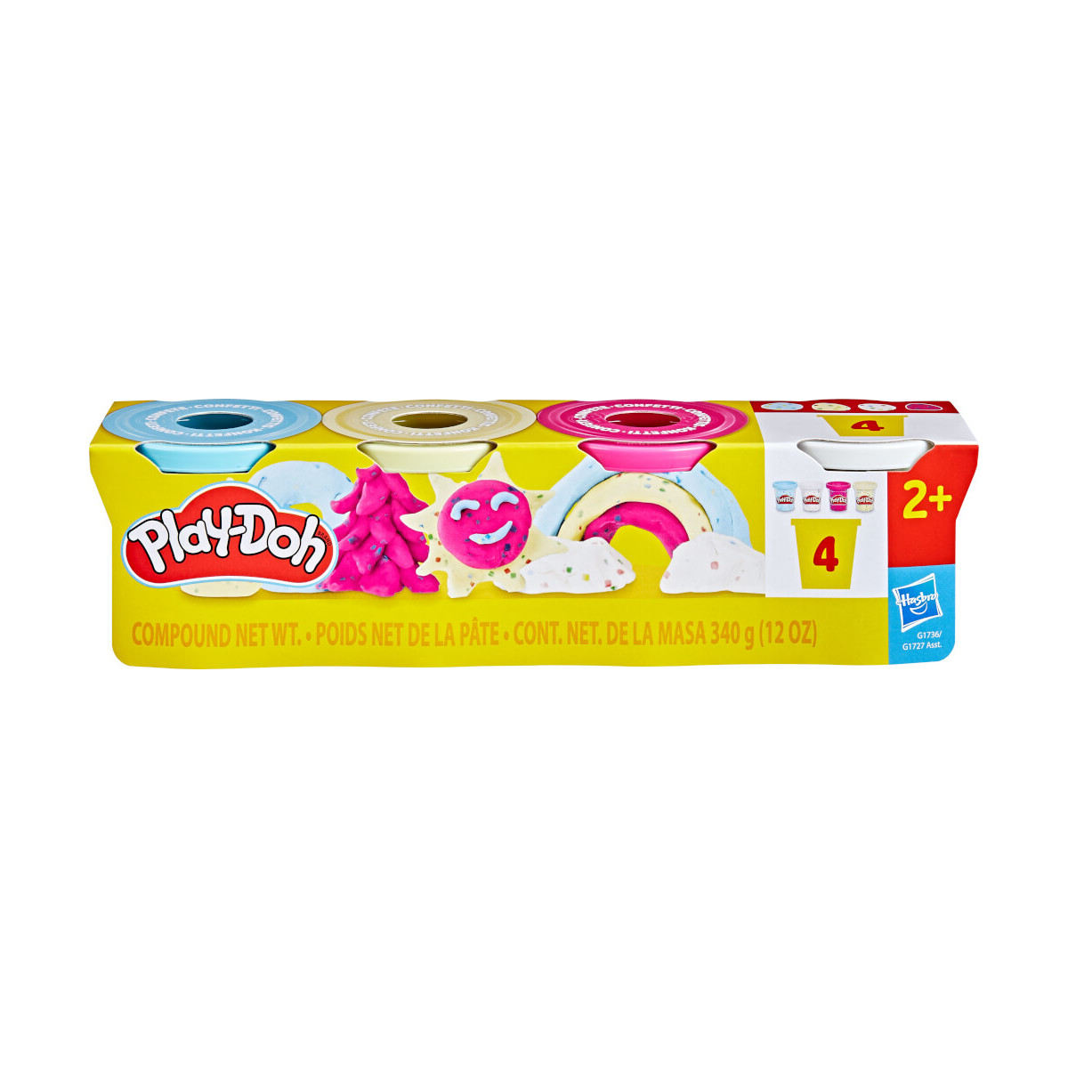 Play-Doh 4er-Pack mit Blau, Weiß, Pink und Gelb für Kinder ab 2 Jahren vor gelbem Hintergrund.