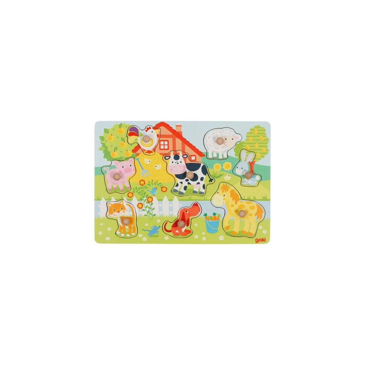 Buntes Holzpuzzle mit Bauernhofszene: Haus, Kuh, Schwein, Pferd, Katze, Hase und Schaf.