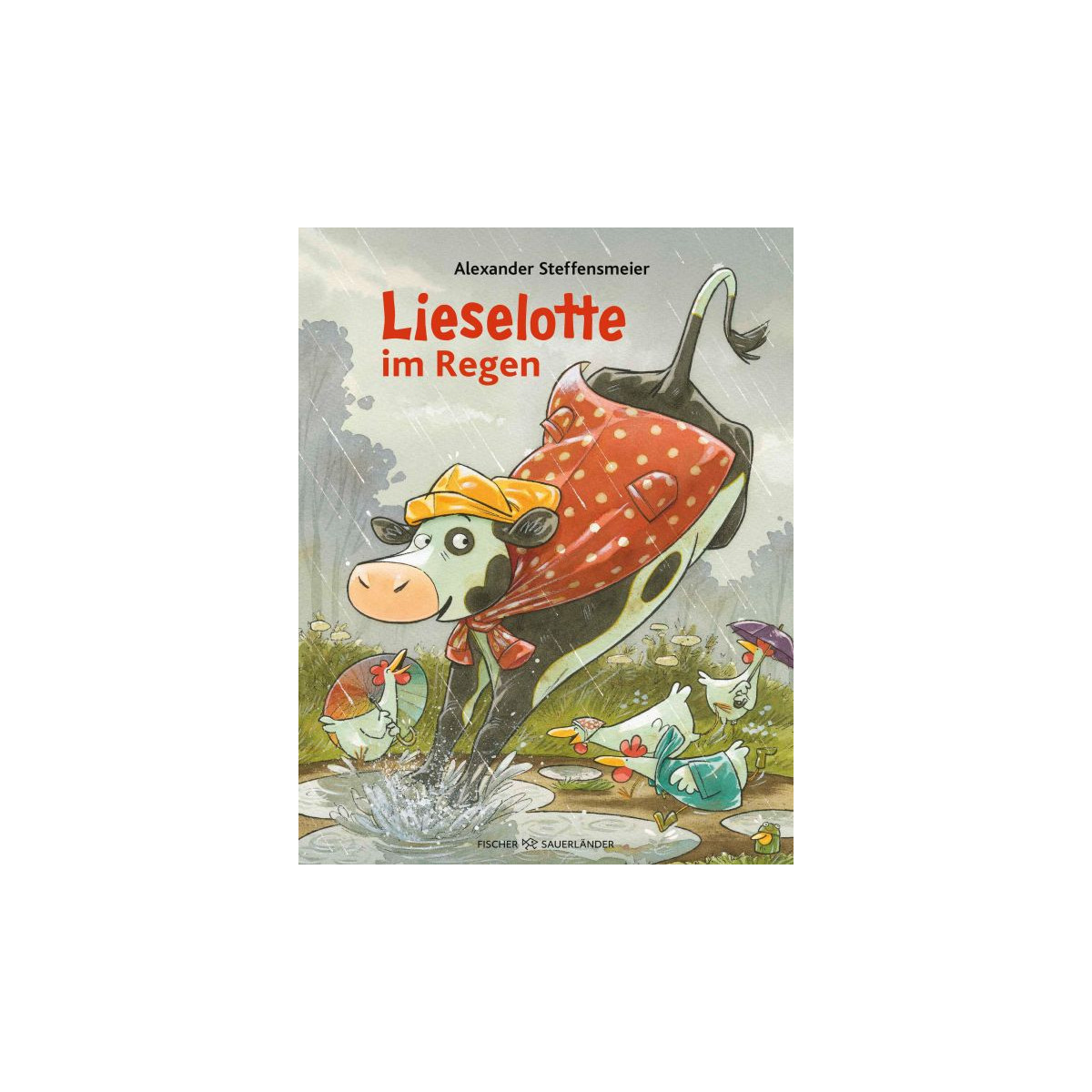 Kuh im roten Regenmantel plant mit Enten im Regen; Deutsches Buchcover. Kuh im roten Regenmantel plant mit Enten im Regen; Deutsches Buchcover.