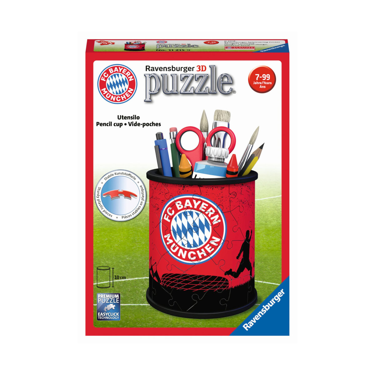 FC Bayern München 3D-Puzzle-Stifteköcher mit Bastelmaterial im Stifteköcher auf der Vorderseite abgebildet.