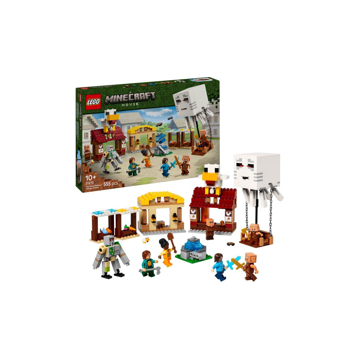 LEGO Minecraft Set mit Box, Figuren, Bauten und großem weißen Ghast vor weißem Hintergrund.