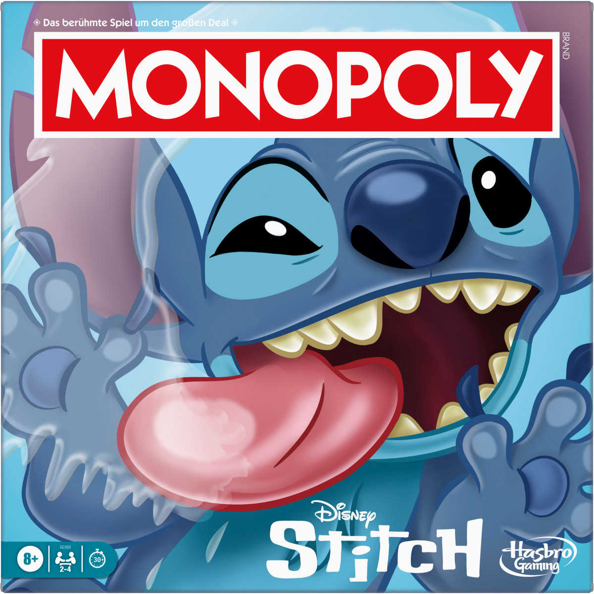 Nahaufnahme von Stitch mit herausgestreckter Zunge auf der Verpackung des Monopoly Disney Stitch Brettspiels.