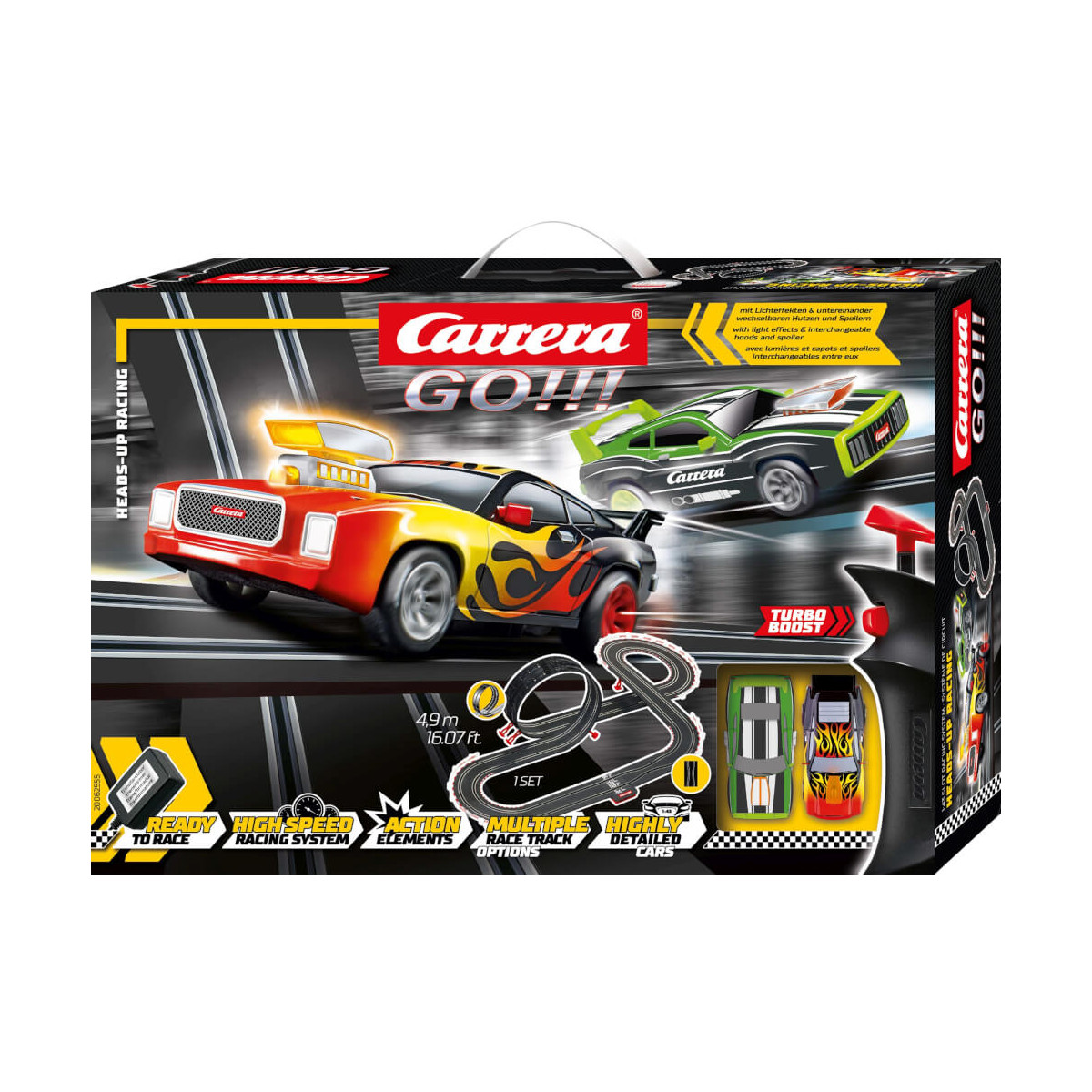 Carrera GO!!! Slotcar-Set mit zwei Autos, Rennstrecke und auffälligen Grafiken in der Verpackung.