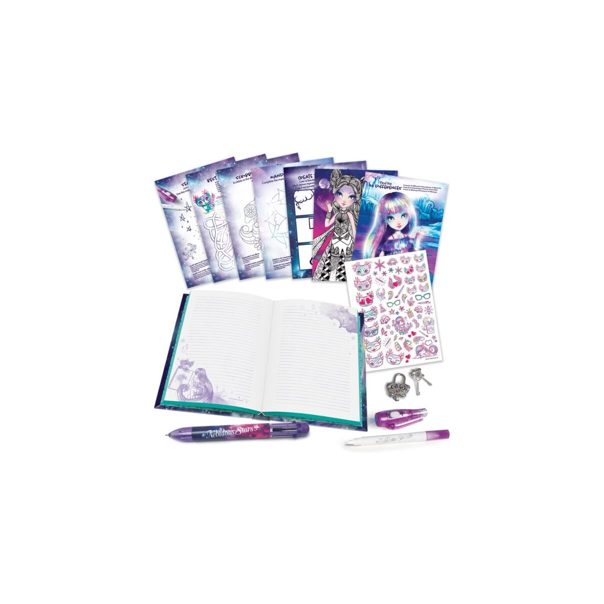 Mädchen-Schreibwaren-Set mit Notizbuch, Aufklebern, Schlüsseln, Stift und illustrierten Heften auf weißem Hintergrund.