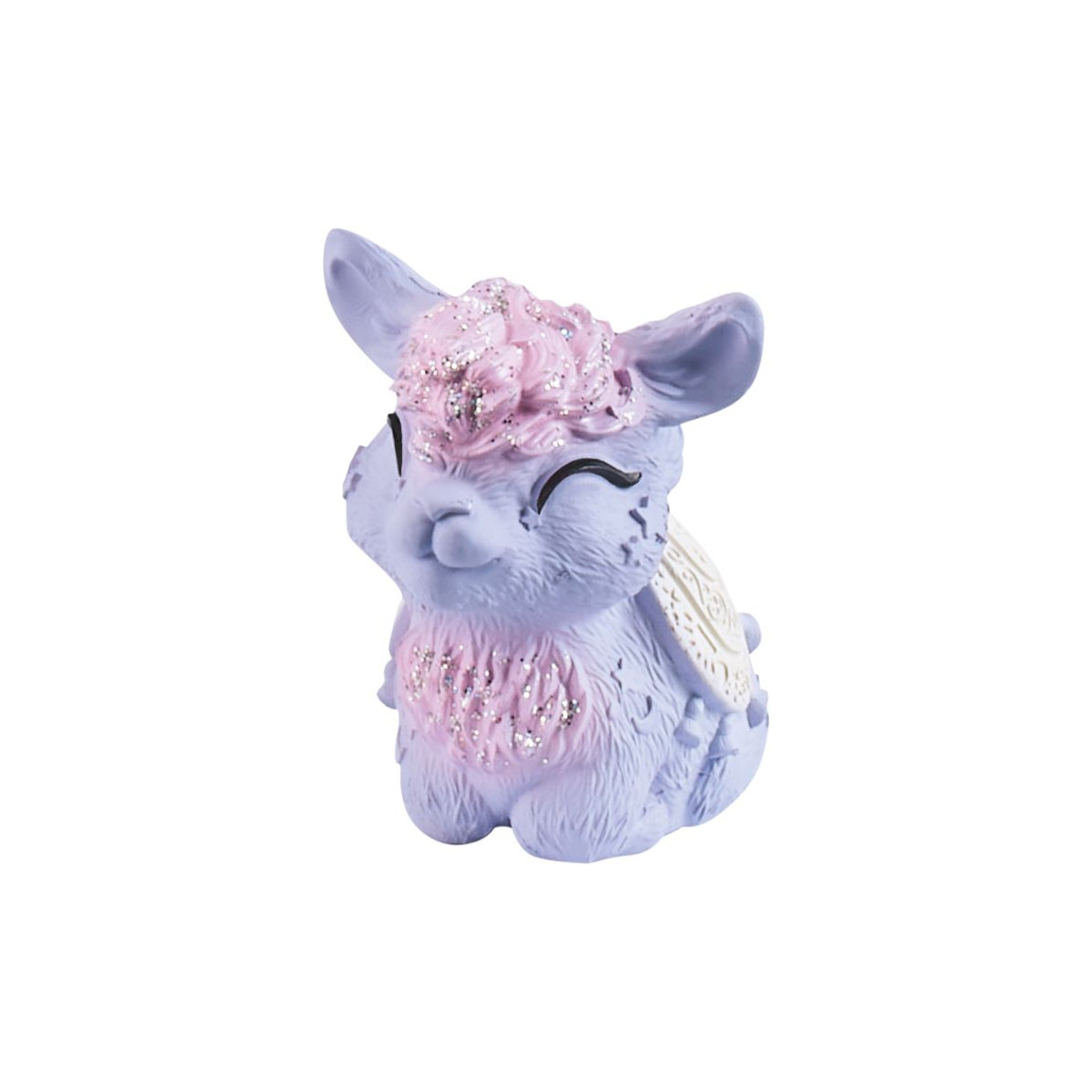 Lila-pinke Glitzer-Fantasiefigur mit geschlossenen Augen und floralen Verzierungen an Kopf und Brust.