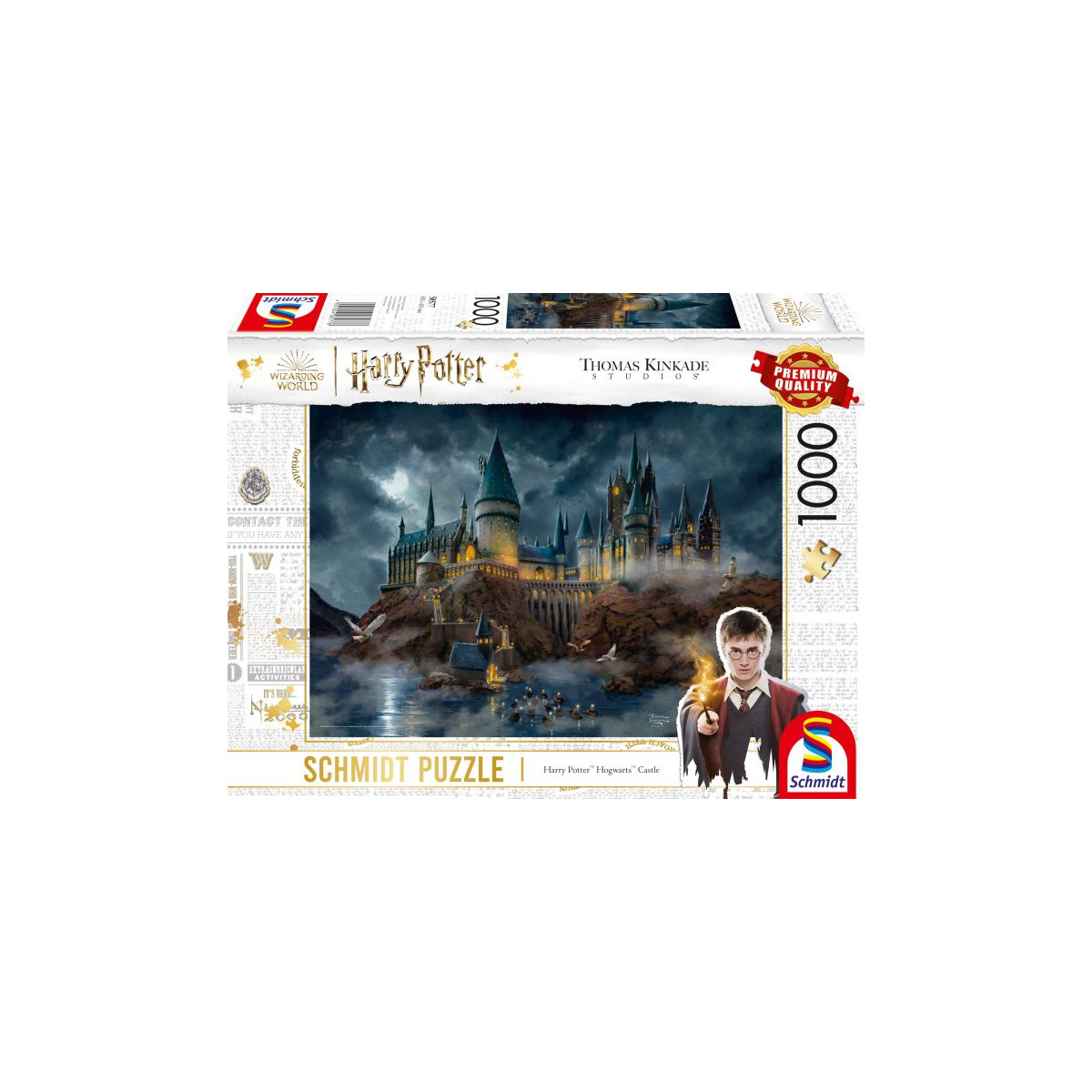 Harry Potter Schmidt Puzzle (1000 Teile) mit Hogwarts-Motiv und einer Zaubererfigur auf der Verpackung.