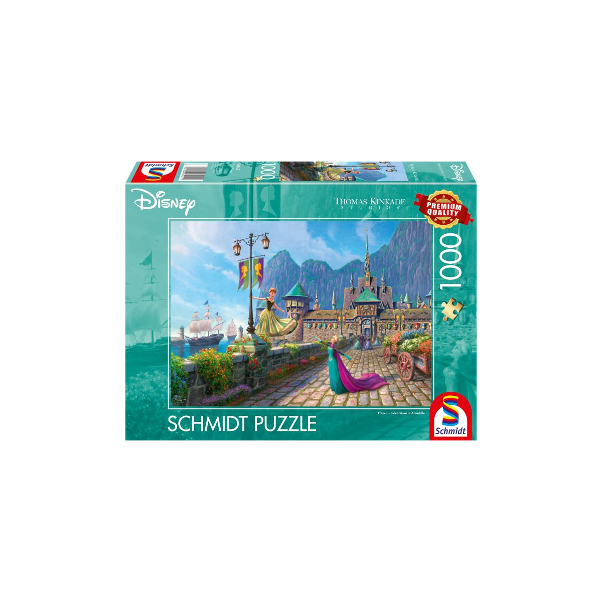 Schmidt-1000-Teile-Disney-Puzzle mit farbenfroher Schloss-Szene, Rapunzel und Laternen auf dem Cover.