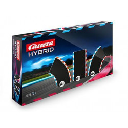 Carrera Hybrid Slotrennset mit bunten Rennwagen und Rennstrecke auf der Verpackung.