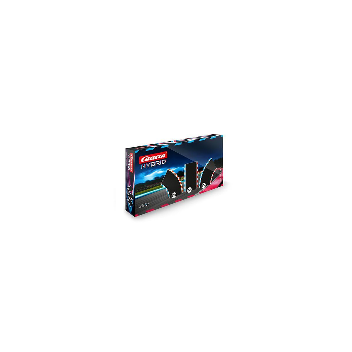 Carrera Hybrid Slotrennset mit bunten Rennwagen und Rennstrecke auf der Verpackung.