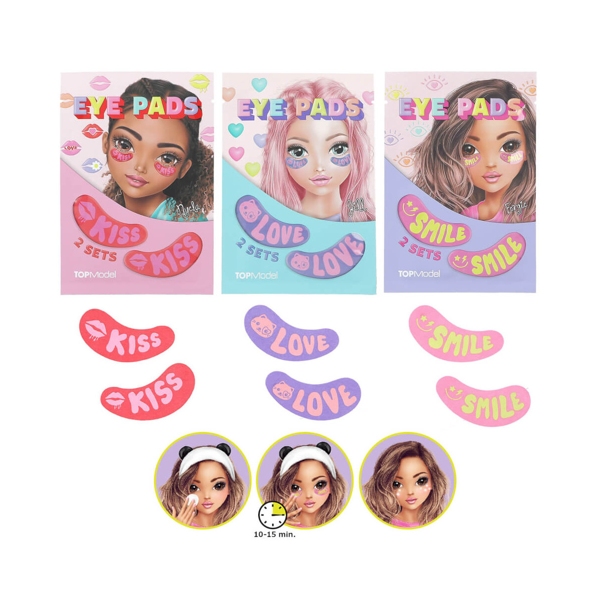 Drei bunte Augenpad-Packungen mit den Aufschriften Kiss, Love und Smile sowie Illustrationen von Mädchen.