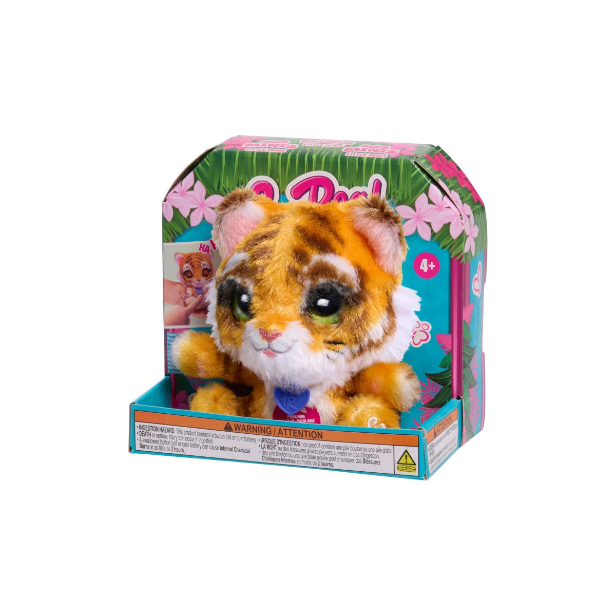Plüsch-Tiger mit großen Augen in bunter Verpackung, geeignet für Kinder ab 4 Jahren.