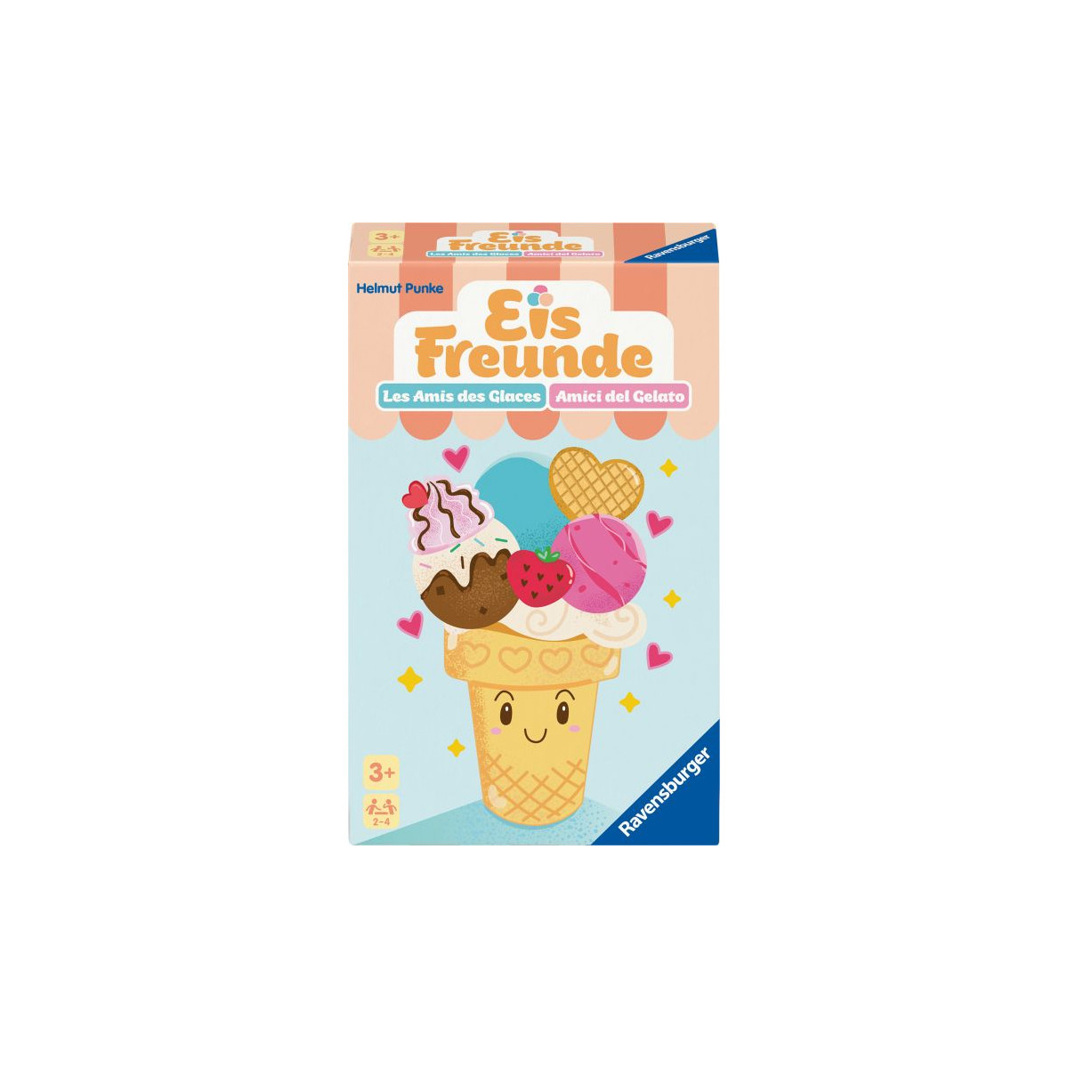 Eis Freunde: Bunte Brettspiel-Box mit lächelnder Eiswaffel und Toppings auf der Vorderseite.