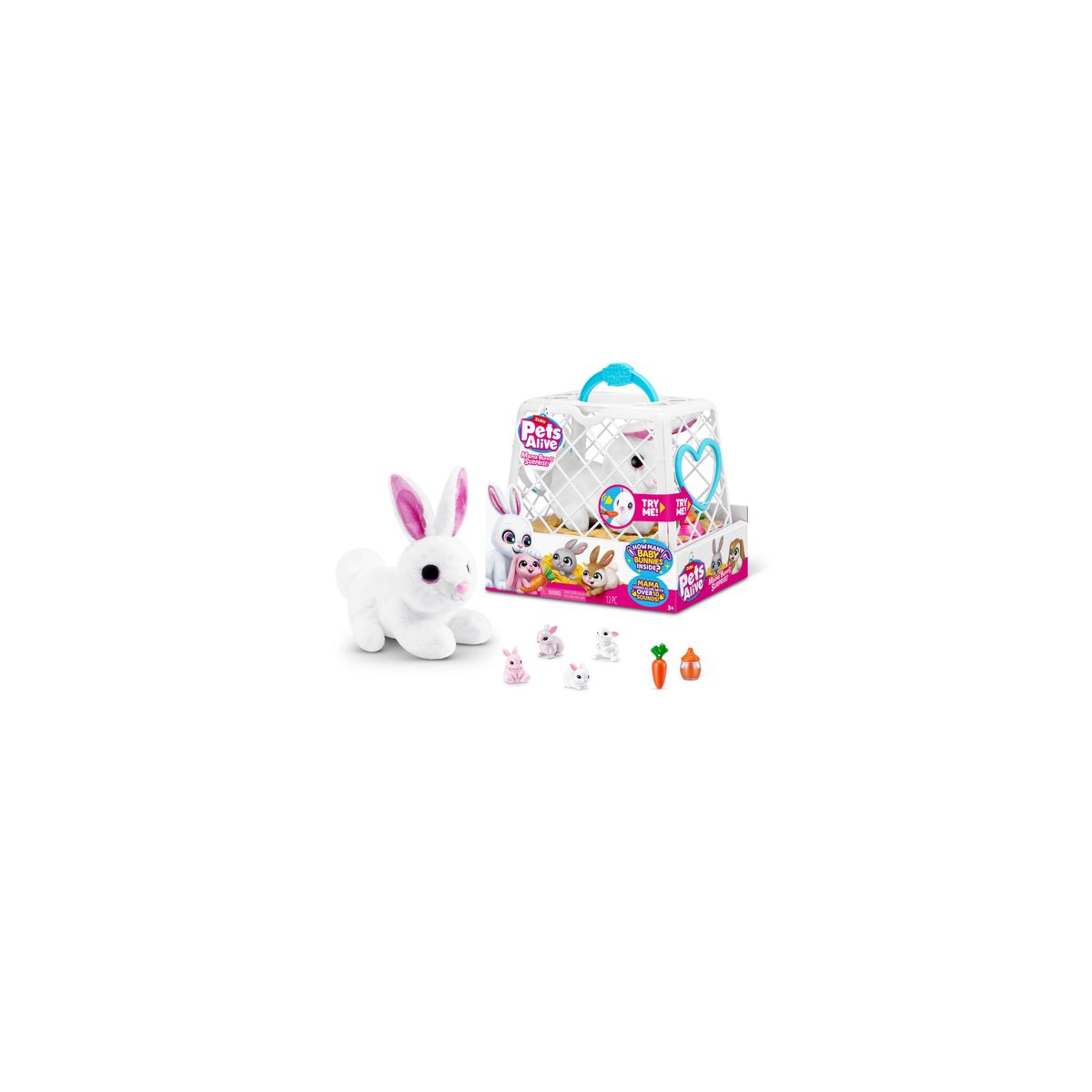 Plüschiges weißes Kaninchen mit rosa Ohren, Tragetasche, Mini-Zubehör und kleine Tierfiguren im Set.