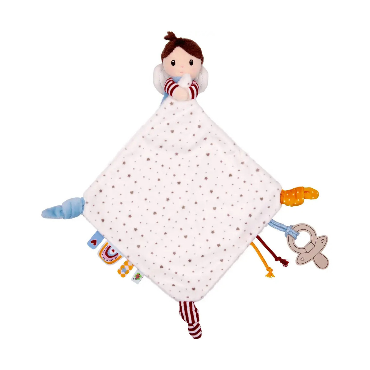 Plüsch-Babydecke mit Puppenkopf, bunten Etiketten und Schnullerhalter an den Ecken.