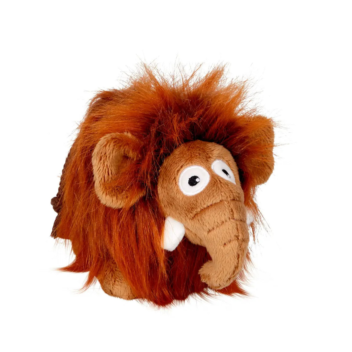 Plüsch-Mammut mit zotteligem orangefarbenem Fell, großen Ohren, Stoßzähnen und weißen Augen.