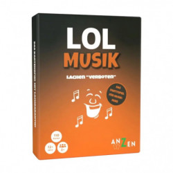Eine LOL MUSIK-Spielbox mit Noten, lachendem Gesicht und deutschem Text auf orangefarbenem Verlauf.