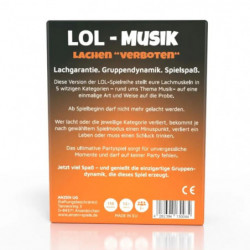 Eine LOL MUSIK-Spielbox mit Noten, lachendem Gesicht und deutschem Text auf orangefarbenem Verlauf.