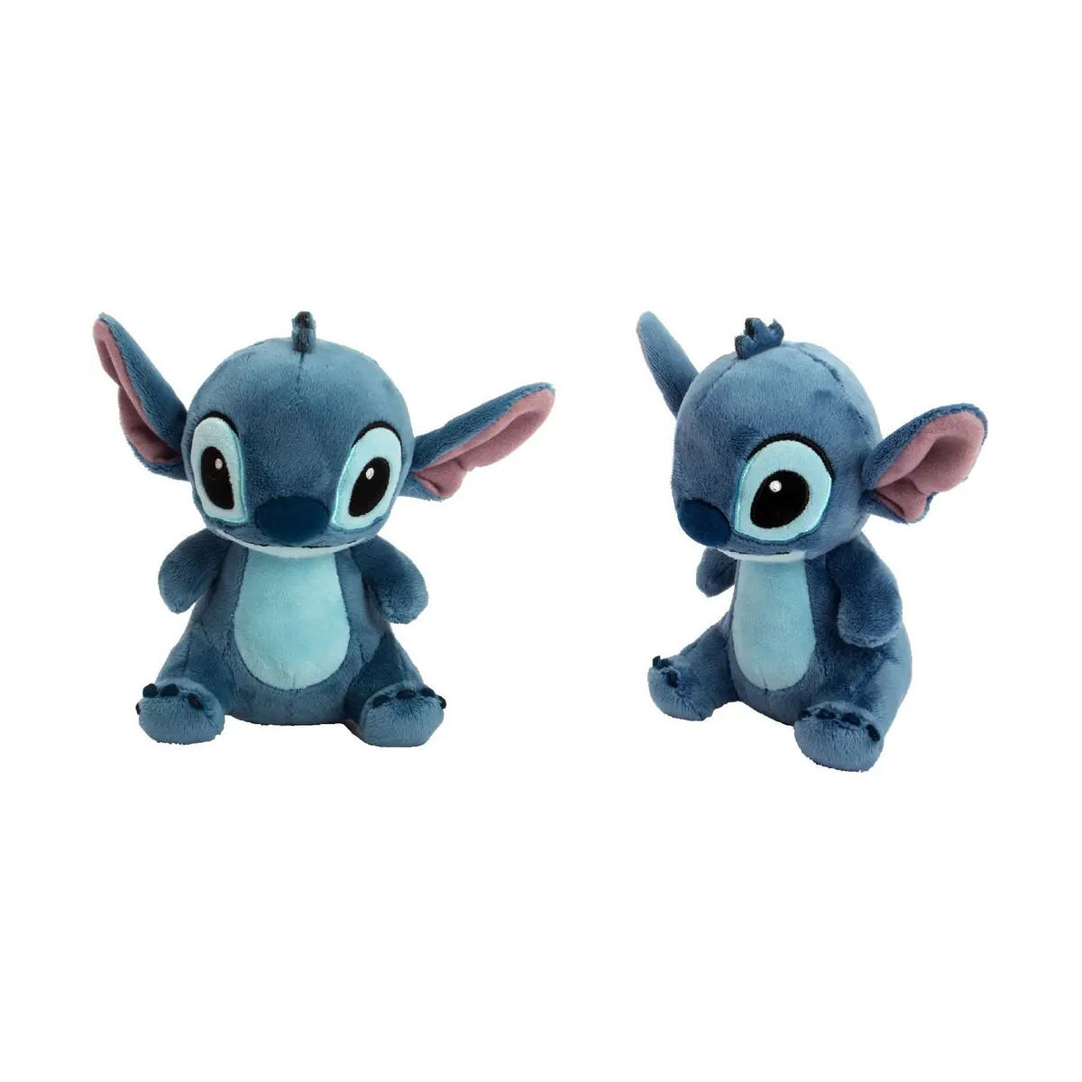 Zwei blaue Stitch-Plüschfiguren aus Lilo & Stitch sitzen auf weißem Hintergrund.
