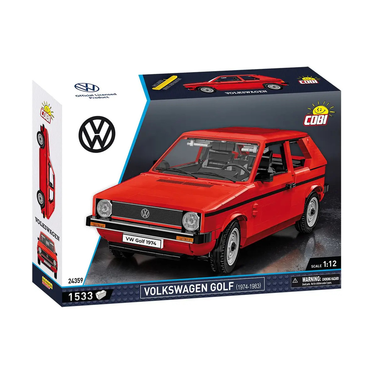 COBI Volkswagen Golf (1974-1983) Modellbausatz, rot, Maßstab 1:12, mit Abbildung des Autos auf der Vorderseite.