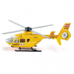 Gelber Rettungshubschrauber-Spielzeug mit schwarzem Kufen und österreichischer Kennzeichnung, seitliche Ansicht.