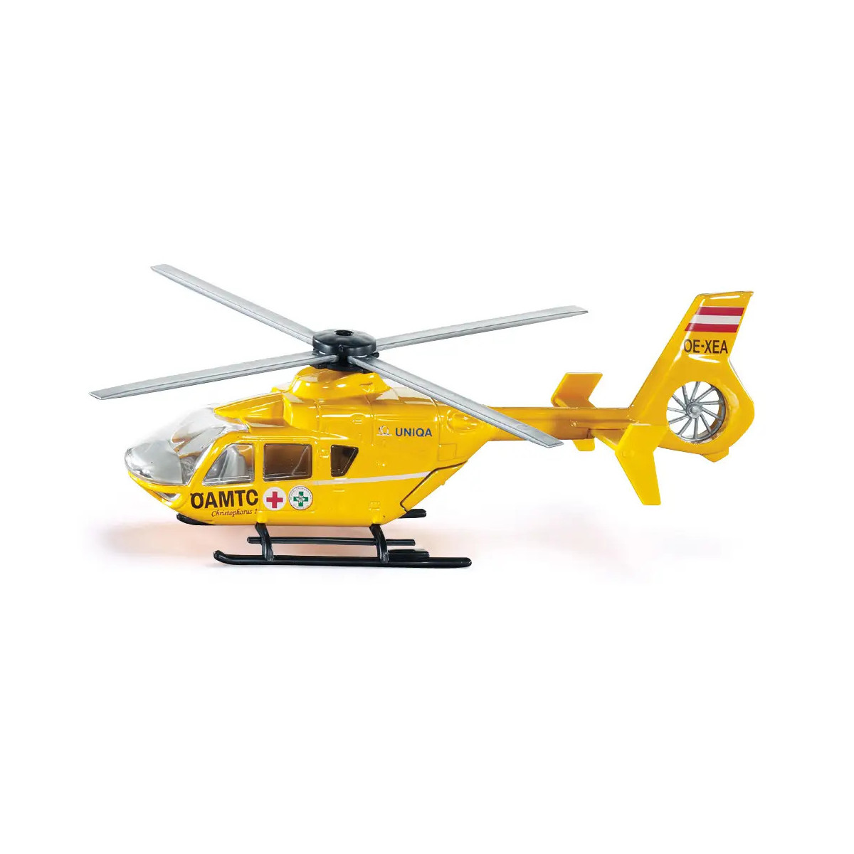Gelber Rettungshubschrauber-Spielzeug mit schwarzem Kufen und österreichischer Kennzeichnung, seitliche Ansicht.