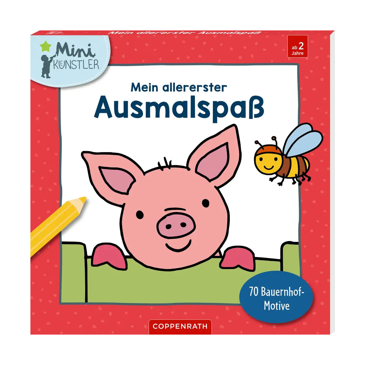Kinder-Malbuchcover mit Cartoon-Schwein, Biene und dem Titel „Mein allererster Ausmalspaß“.