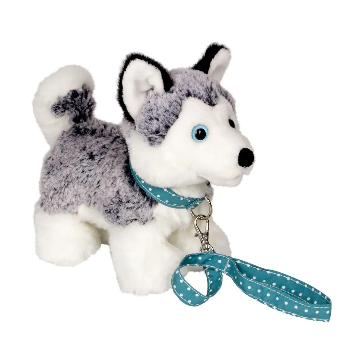 Plüsch-Husky mit blauem, gepunktetem Halsband und Leine vor weißem Hintergrund, nach rechts gedreht.