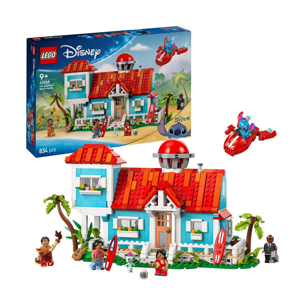 LEGO Disney Set mit blau-rotem Strandhaus, Figuren, Palmen und Stitch im roten Fluggerät.