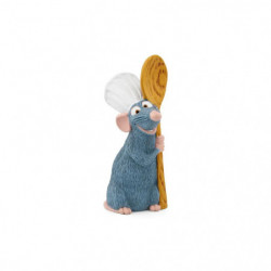 img_0:Eine graue Cartoon-Ratte mit Kochmütze hält einen großen Holzlöffel und lächelt.