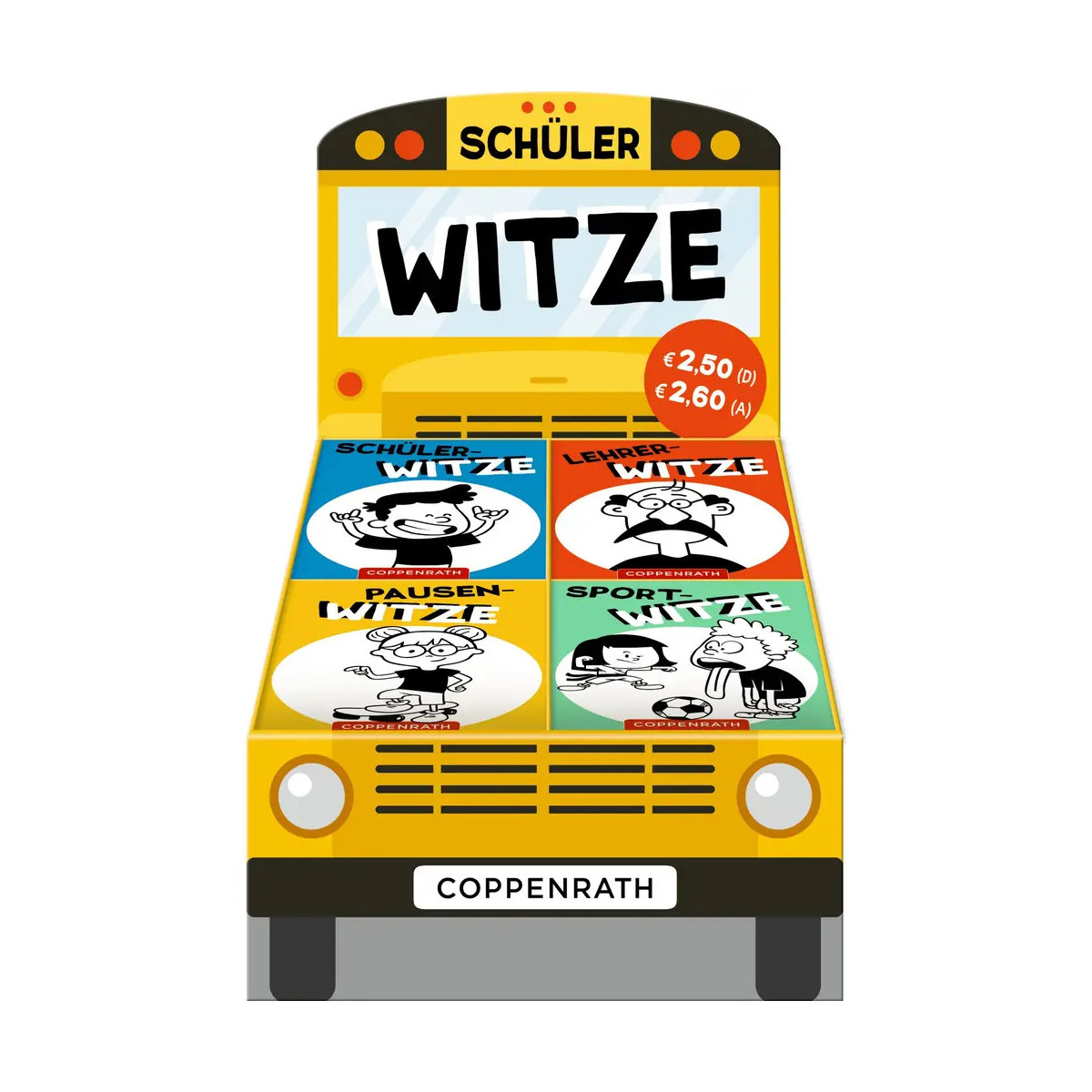 Buchdisplay in Form eines gelben Schulbusses mit deutschen Witzebüchern auf Motorhaube und Windschutzscheibe.