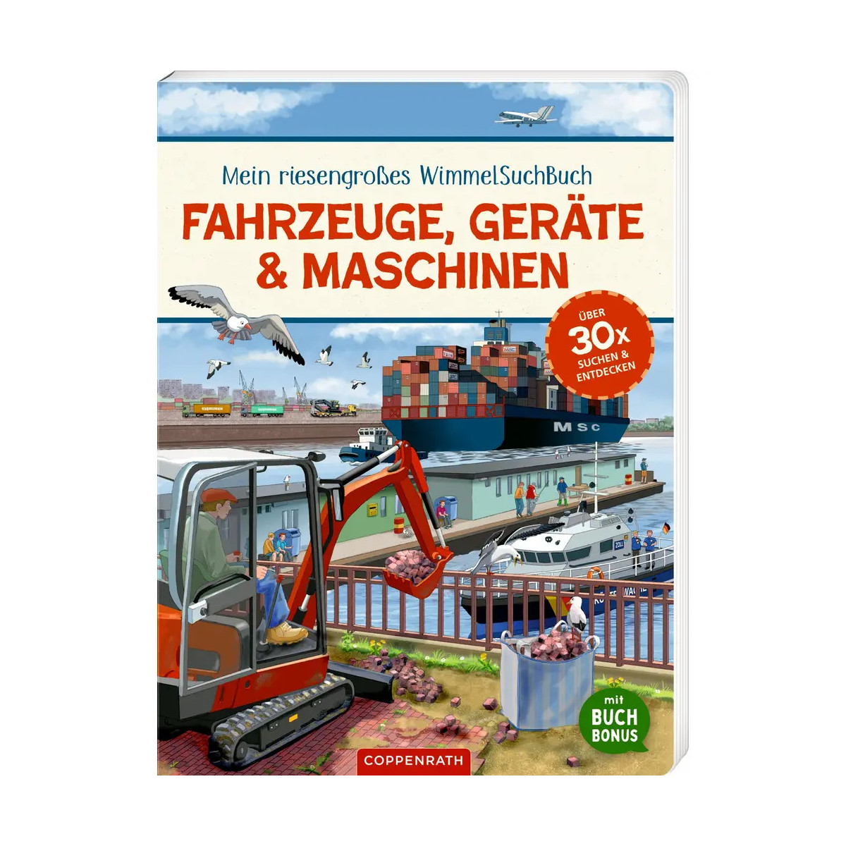 Kinderbuchcover mit Fahrzeugen und Maschinen in einem belebten Hafen, darunter Kran, Schiff und Bagger.